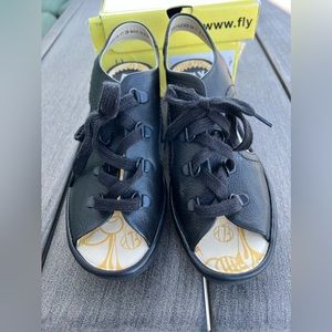 NIB FLY London 38/8 Leather Lace-Up Wedge Sandals Ylfa Black